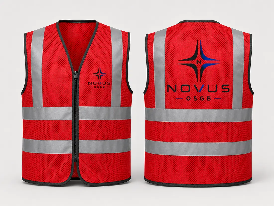 NOVUS OSGB logolu kırmızı reflektif saha yeleği