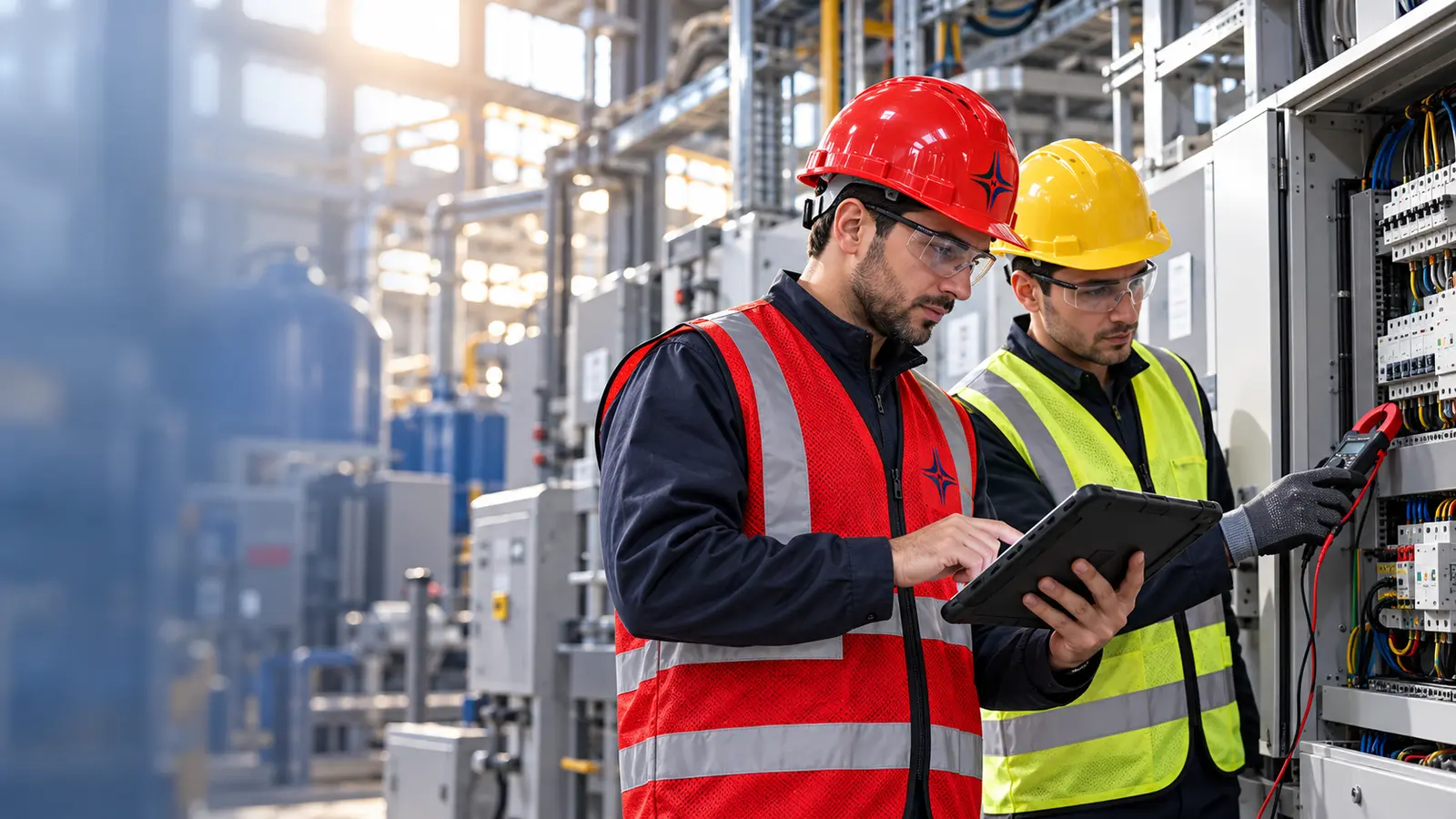 NOVUS mühendisi ve işletme teknik sorumlusunun elektrik panosunda teknik kontrol yapması