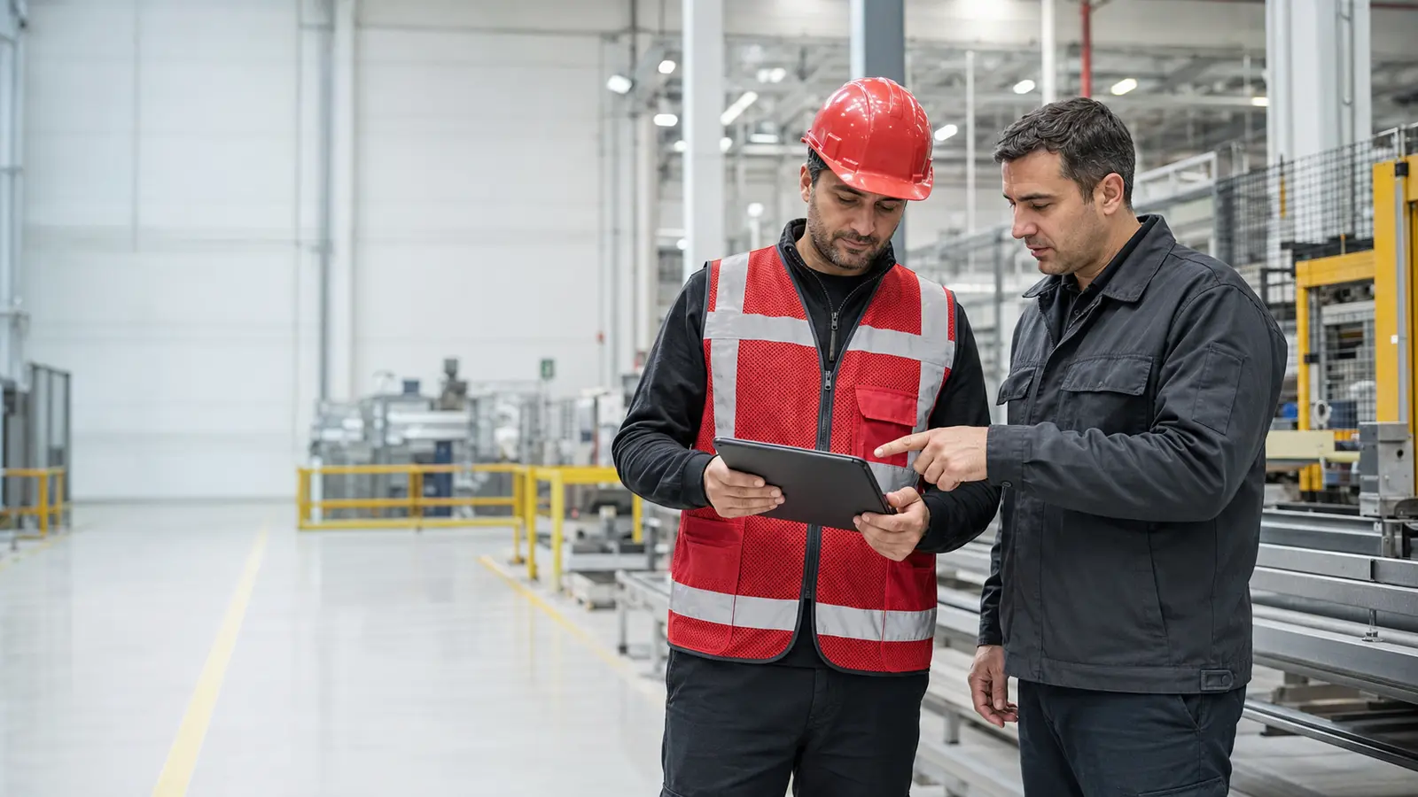 İş güvenliği uzmanı modern çalışma sahasında kontrol yapıyor